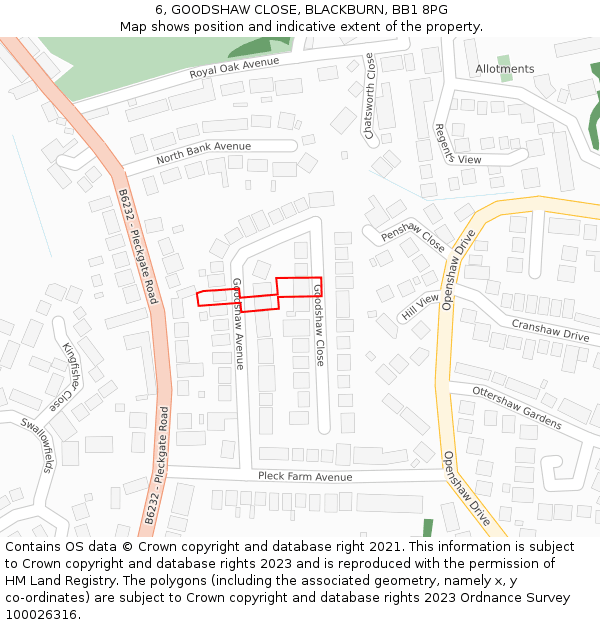 6, GOODSHAW CLOSE, BLACKBURN, BB1 8PG: Location map and indicative extent of plot