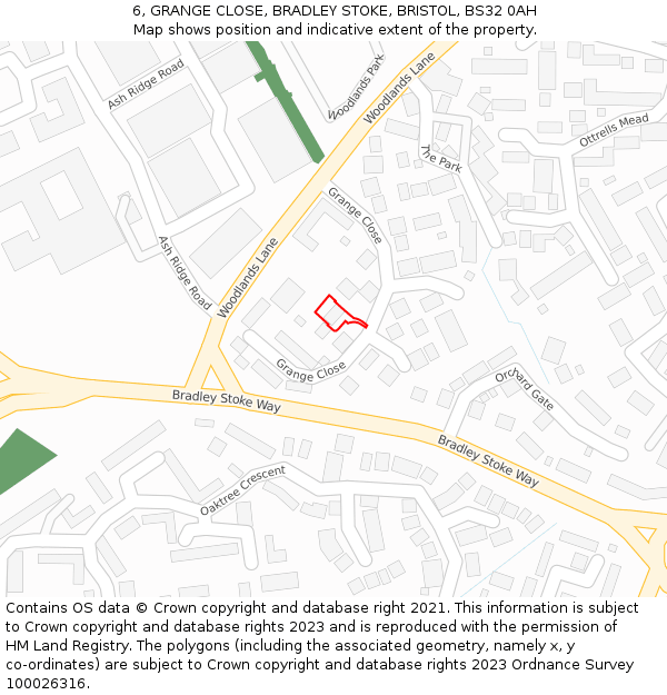 6, GRANGE CLOSE, BRADLEY STOKE, BRISTOL, BS32 0AH: Location map and indicative extent of plot