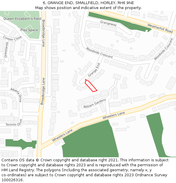 6, GRANGE END, SMALLFIELD, HORLEY, RH6 9NE: Location map and indicative extent of plot