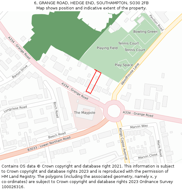 6, GRANGE ROAD, HEDGE END, SOUTHAMPTON, SO30 2FB: Location map and indicative extent of plot