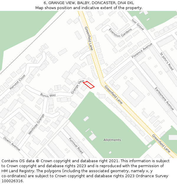 6, GRANGE VIEW, BALBY, DONCASTER, DN4 0XL: Location map and indicative extent of plot