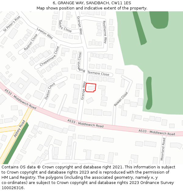 6, GRANGE WAY, SANDBACH, CW11 1ES: Location map and indicative extent of plot