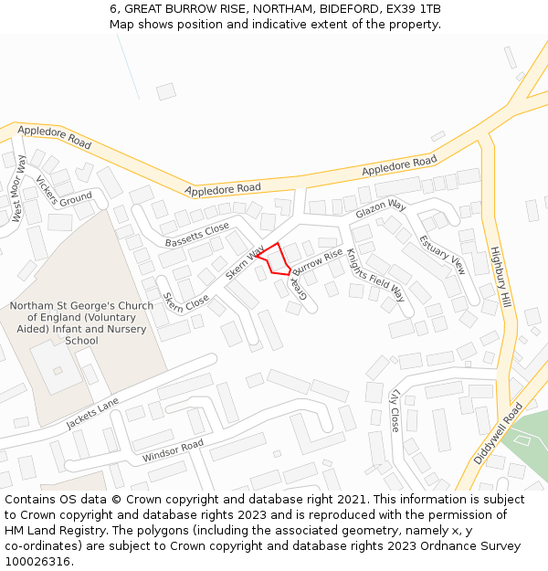 6, GREAT BURROW RISE, NORTHAM, BIDEFORD, EX39 1TB: Location map and indicative extent of plot