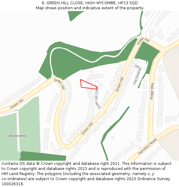 6, GREEN HILL CLOSE, HIGH WYCOMBE, HP13 5QD: Location map and indicative extent of plot