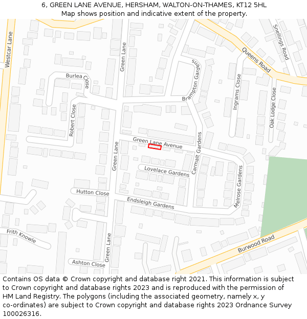 6, GREEN LANE AVENUE, HERSHAM, WALTON-ON-THAMES, KT12 5HL: Location map and indicative extent of plot