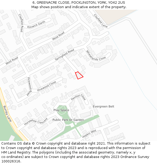 6, GREENACRE CLOSE, POCKLINGTON, YORK, YO42 2US: Location map and indicative extent of plot