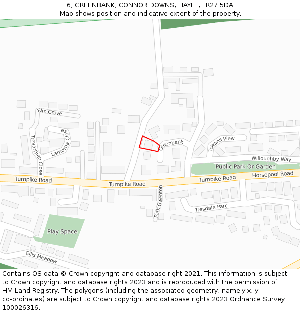 6, GREENBANK, CONNOR DOWNS, HAYLE, TR27 5DA: Location map and indicative extent of plot