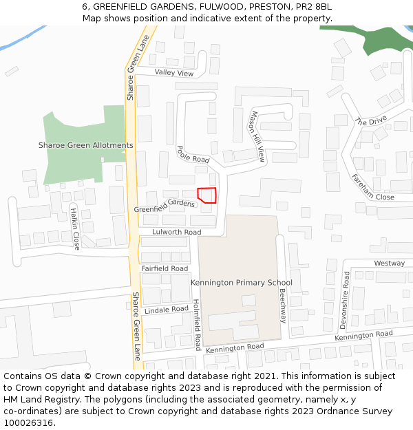 6, GREENFIELD GARDENS, FULWOOD, PRESTON, PR2 8BL: Location map and indicative extent of plot