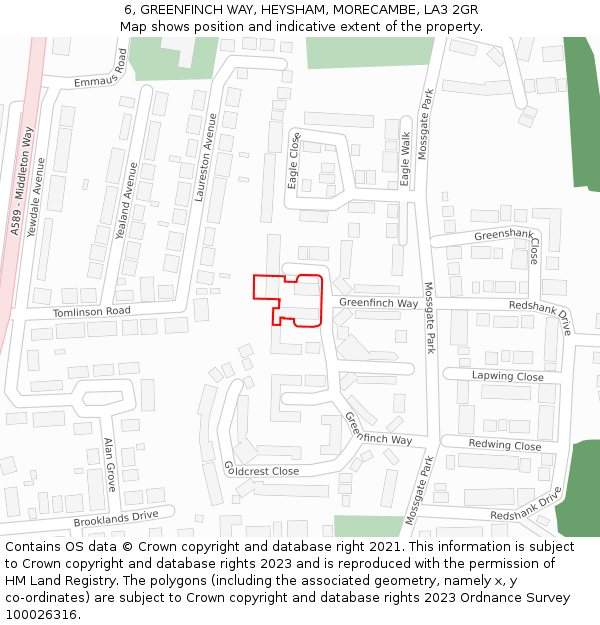 6, GREENFINCH WAY, HEYSHAM, MORECAMBE, LA3 2GR: Location map and indicative extent of plot