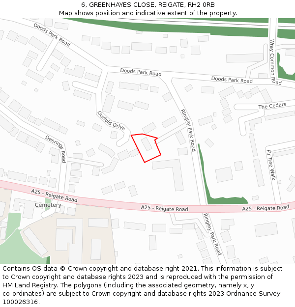 6, GREENHAYES CLOSE, REIGATE, RH2 0RB: Location map and indicative extent of plot