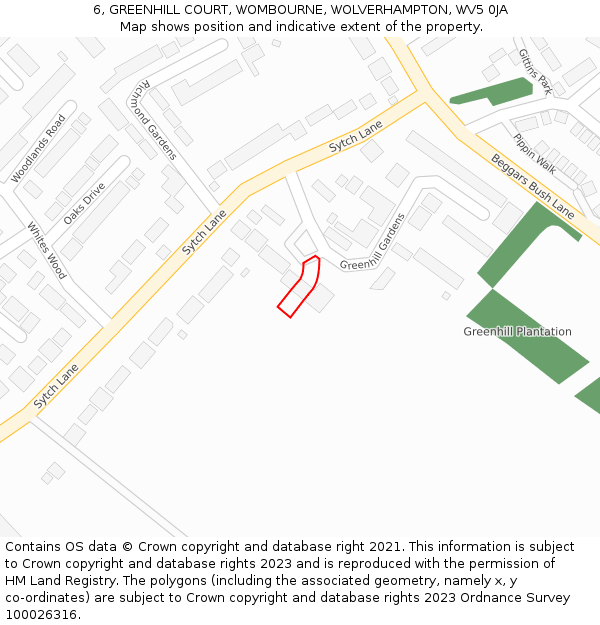 6, GREENHILL COURT, WOMBOURNE, WOLVERHAMPTON, WV5 0JA: Location map and indicative extent of plot