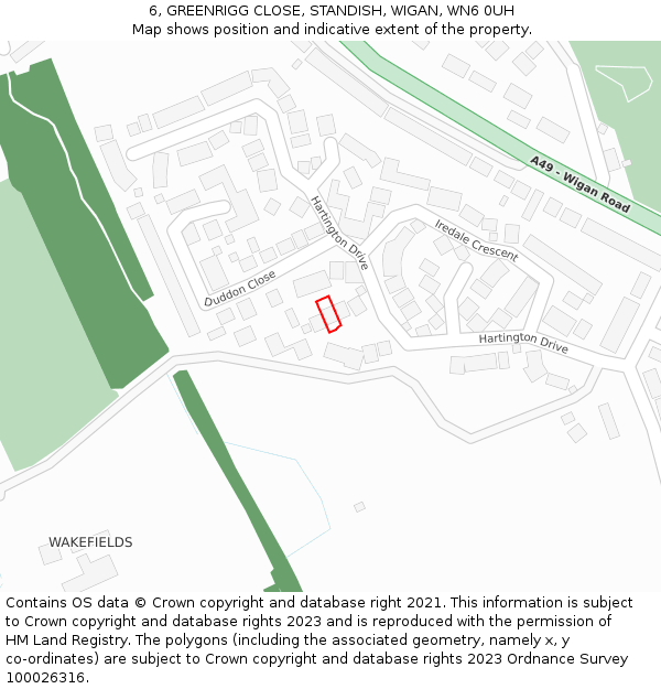 6, GREENRIGG CLOSE, STANDISH, WIGAN, WN6 0UH: Location map and indicative extent of plot