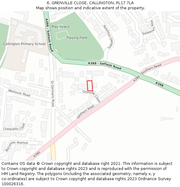 6, GRENVILLE CLOSE, CALLINGTON, PL17 7LA: Location map and indicative extent of plot