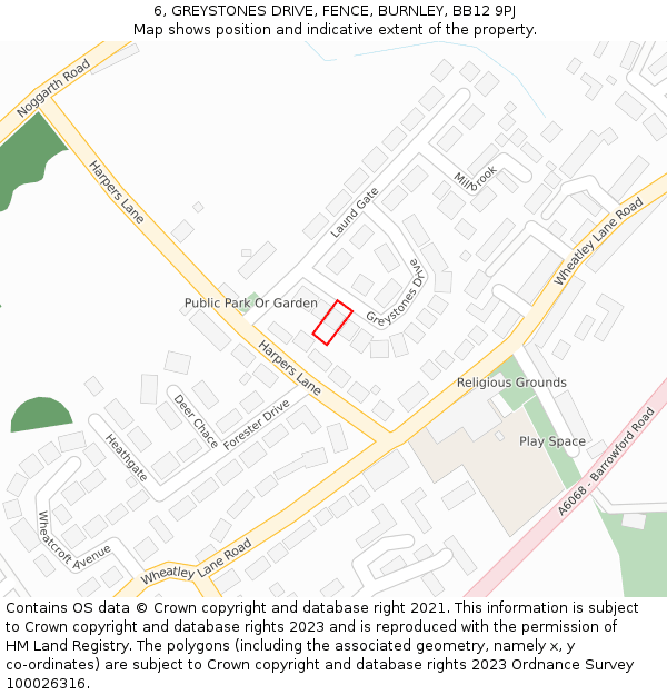 6, GREYSTONES DRIVE, FENCE, BURNLEY, BB12 9PJ: Location map and indicative extent of plot