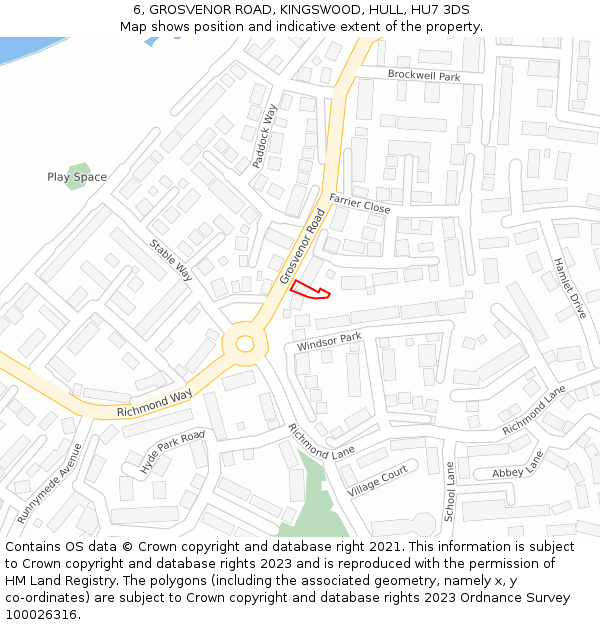 6, GROSVENOR ROAD, KINGSWOOD, HULL, HU7 3DS: Location map and indicative extent of plot