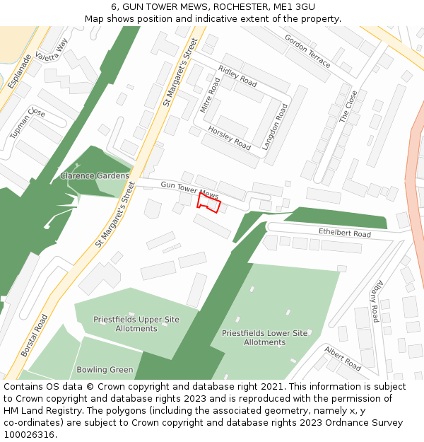 6, GUN TOWER MEWS, ROCHESTER, ME1 3GU: Location map and indicative extent of plot