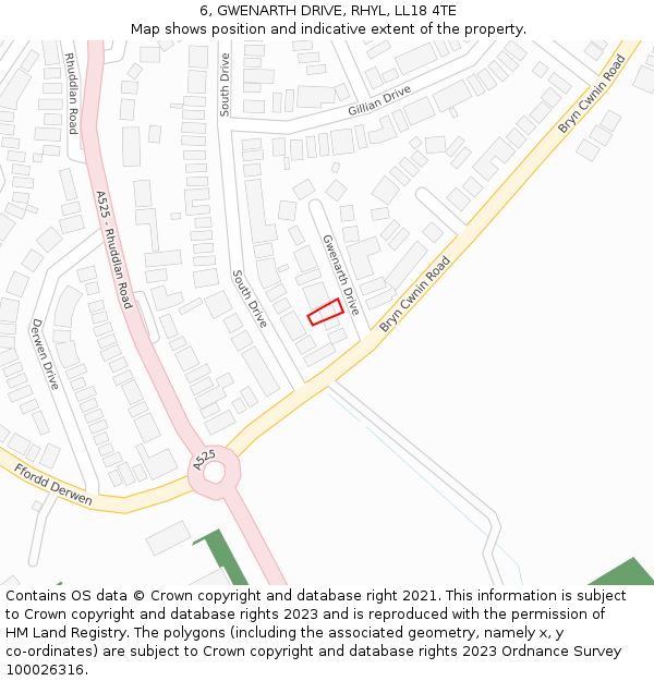 6, GWENARTH DRIVE, RHYL, LL18 4TE: Location map and indicative extent of plot