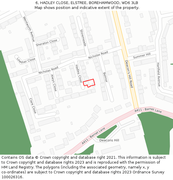 6, HADLEY CLOSE, ELSTREE, BOREHAMWOOD, WD6 3LB: Location map and indicative extent of plot