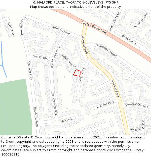 6, HALFORD PLACE, THORNTON-CLEVELEYS, FY5 3HP: Location map and indicative extent of plot