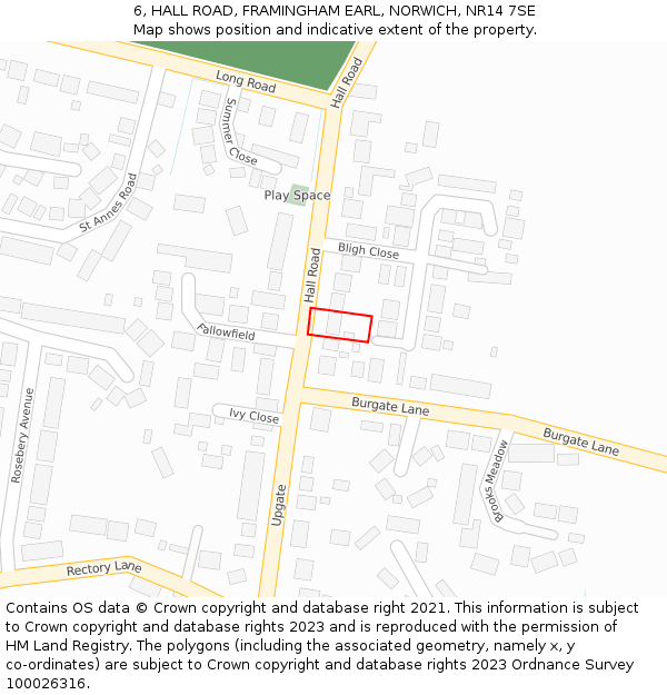 6, HALL ROAD, FRAMINGHAM EARL, NORWICH, NR14 7SE: Location map and indicative extent of plot