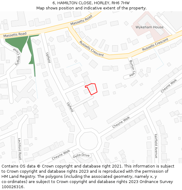 6, HAMILTON CLOSE, HORLEY, RH6 7HW: Location map and indicative extent of plot