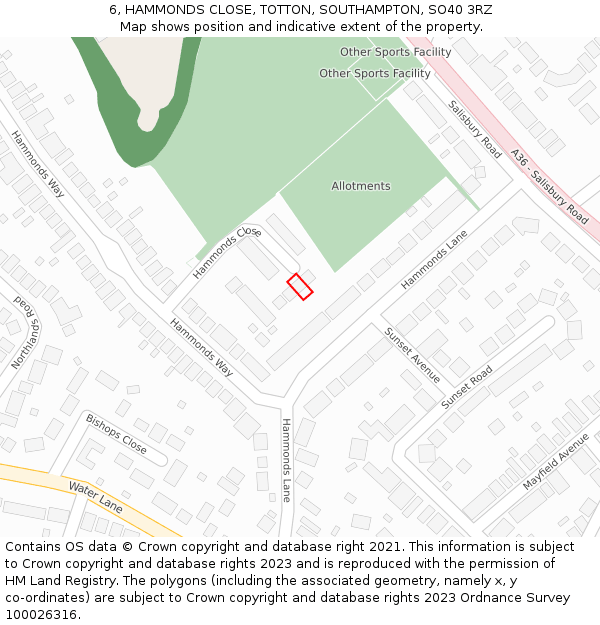 6, HAMMONDS CLOSE, TOTTON, SOUTHAMPTON, SO40 3RZ: Location map and indicative extent of plot