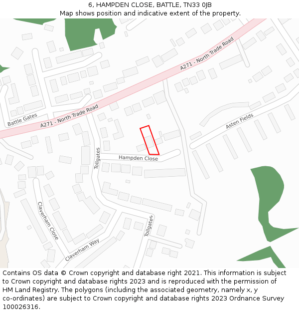 6, HAMPDEN CLOSE, BATTLE, TN33 0JB: Location map and indicative extent of plot