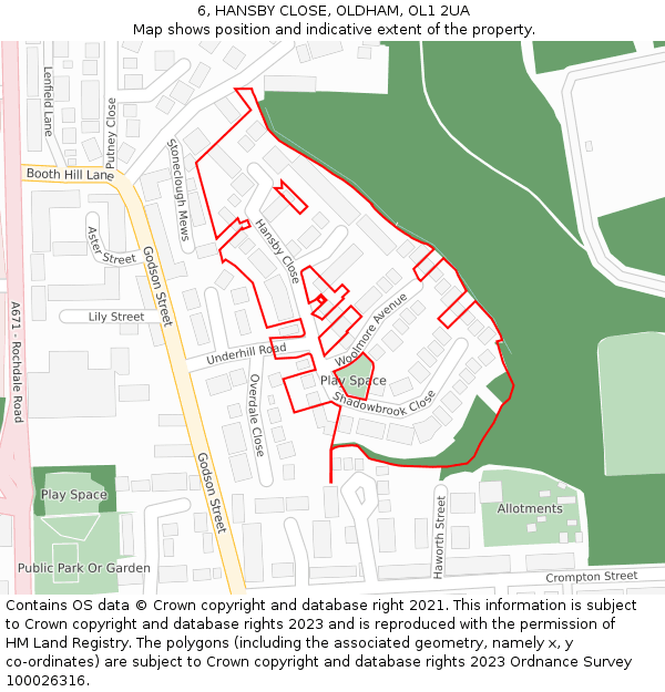 6, HANSBY CLOSE, OLDHAM, OL1 2UA: Location map and indicative extent of plot