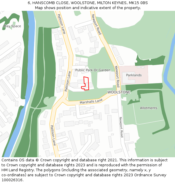 6, HANSCOMB CLOSE, WOOLSTONE, MILTON KEYNES, MK15 0BS: Location map and indicative extent of plot