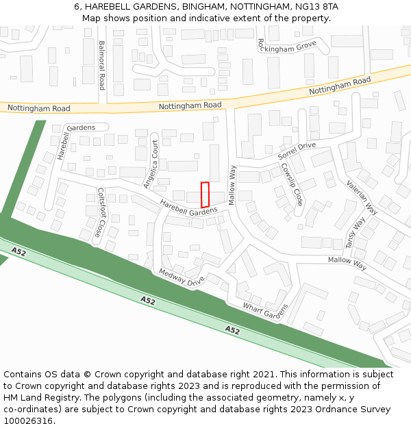 6, HAREBELL GARDENS, BINGHAM, NOTTINGHAM, NG13 8TA: Location map and indicative extent of plot