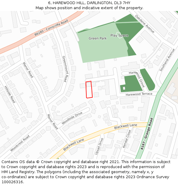 6, HAREWOOD HILL, DARLINGTON, DL3 7HY: Location map and indicative extent of plot