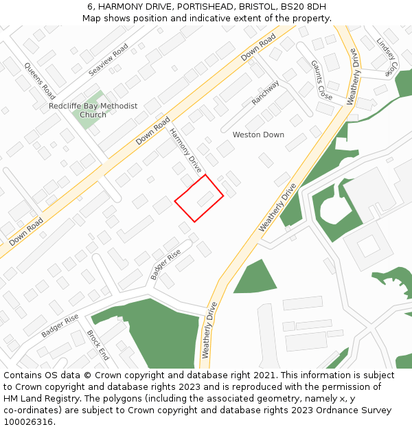 6, HARMONY DRIVE, PORTISHEAD, BRISTOL, BS20 8DH: Location map and indicative extent of plot