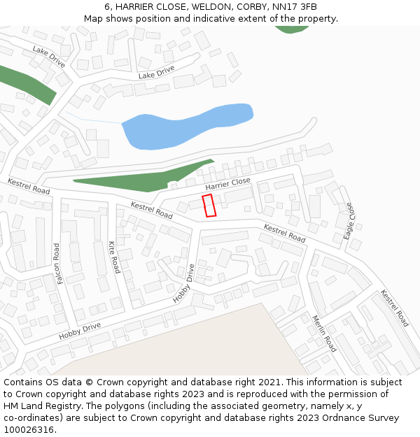 6, HARRIER CLOSE, WELDON, CORBY, NN17 3FB: Location map and indicative extent of plot