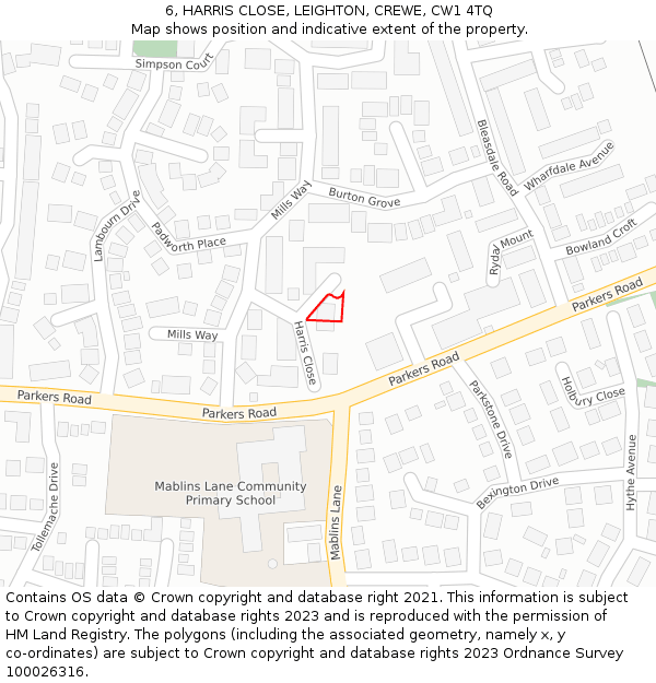 6, HARRIS CLOSE, LEIGHTON, CREWE, CW1 4TQ: Location map and indicative extent of plot