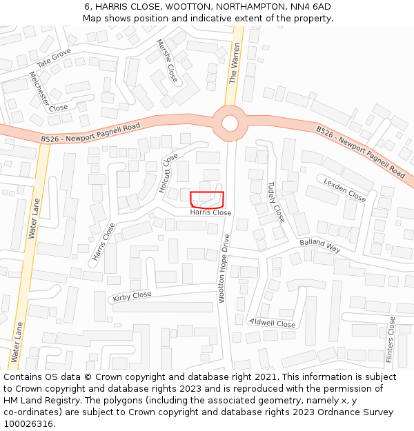 6, HARRIS CLOSE, WOOTTON, NORTHAMPTON, NN4 6AD: Location map and indicative extent of plot