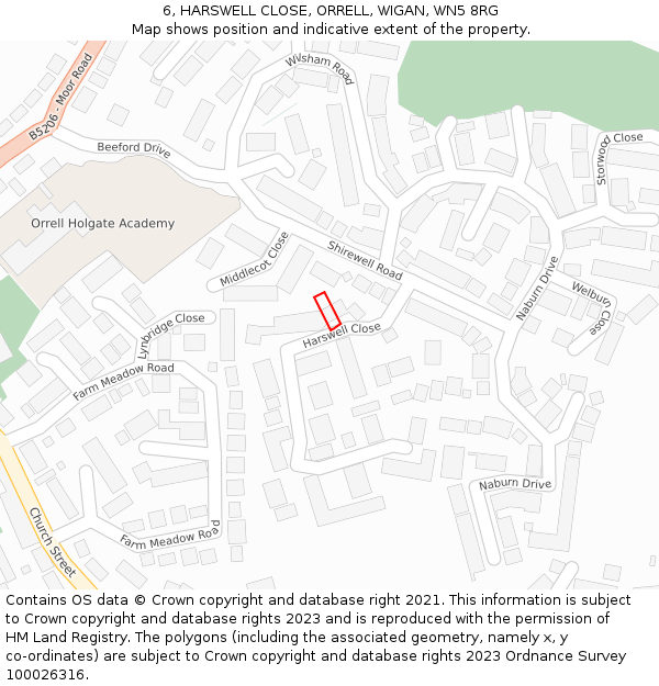 6, HARSWELL CLOSE, ORRELL, WIGAN, WN5 8RG: Location map and indicative extent of plot