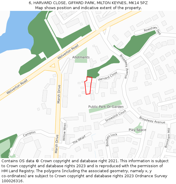 6, HARVARD CLOSE, GIFFARD PARK, MILTON KEYNES, MK14 5PZ: Location map and indicative extent of plot