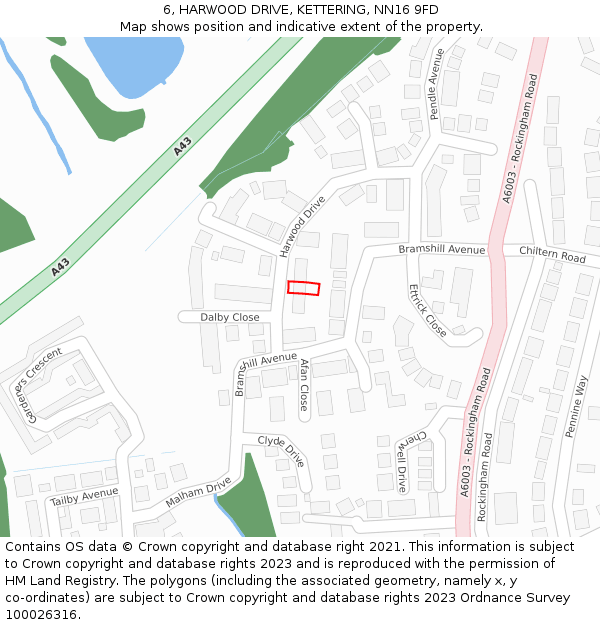 6, HARWOOD DRIVE, KETTERING, NN16 9FD: Location map and indicative extent of plot