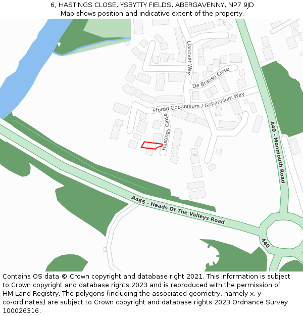6, HASTINGS CLOSE, YSBYTTY FIELDS, ABERGAVENNY, NP7 9JD: Location map and indicative extent of plot