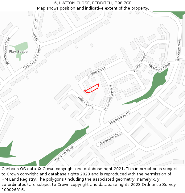 6, HATTON CLOSE, REDDITCH, B98 7GE: Location map and indicative extent of plot