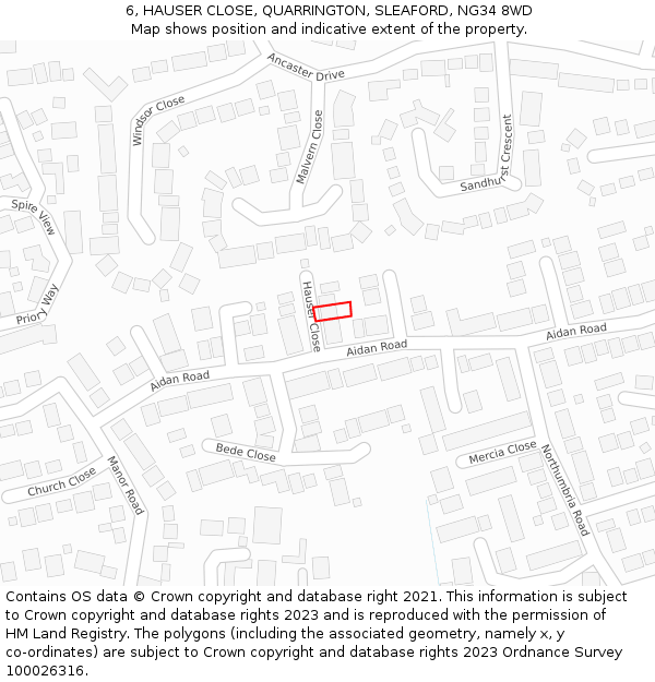 6, HAUSER CLOSE, QUARRINGTON, SLEAFORD, NG34 8WD: Location map and indicative extent of plot