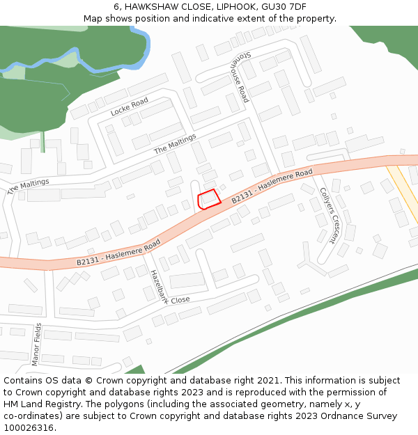 6, HAWKSHAW CLOSE, LIPHOOK, GU30 7DF: Location map and indicative extent of plot