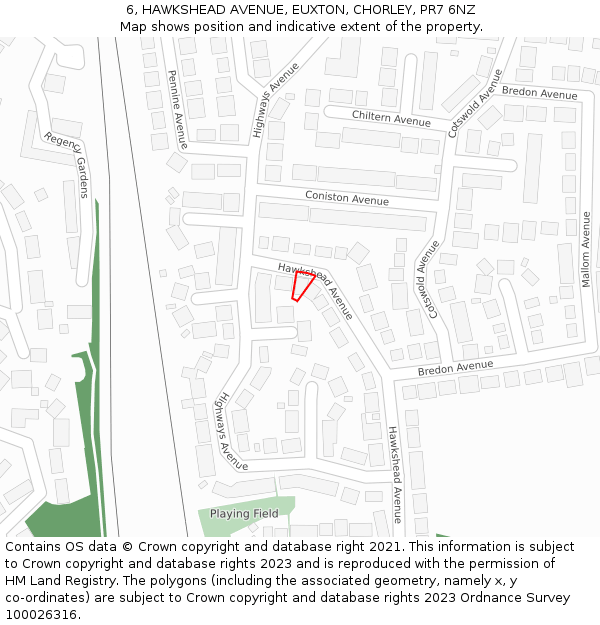 6, HAWKSHEAD AVENUE, EUXTON, CHORLEY, PR7 6NZ: Location map and indicative extent of plot