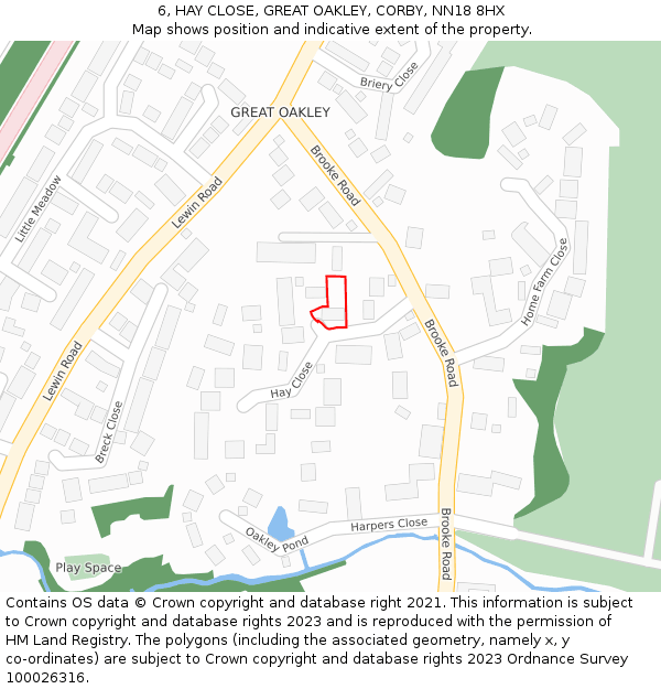 6, HAY CLOSE, GREAT OAKLEY, CORBY, NN18 8HX: Location map and indicative extent of plot
