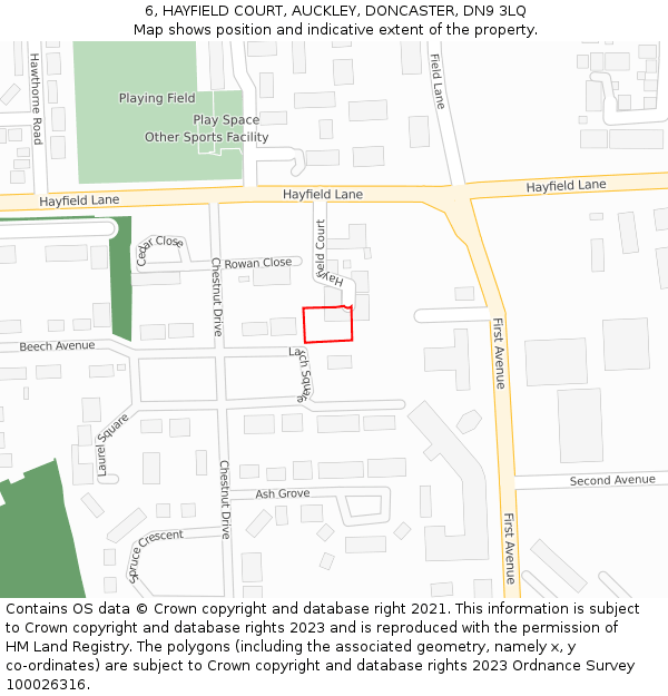 6, HAYFIELD COURT, AUCKLEY, DONCASTER, DN9 3LQ: Location map and indicative extent of plot