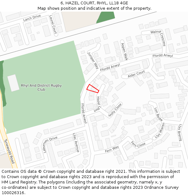 6, HAZEL COURT, RHYL, LL18 4GE: Location map and indicative extent of plot