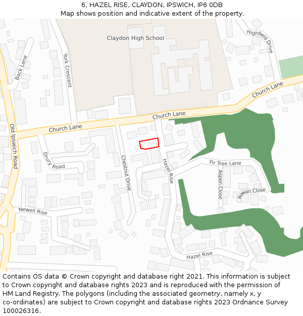 6, HAZEL RISE, CLAYDON, IPSWICH, IP6 0DB: Location map and indicative extent of plot