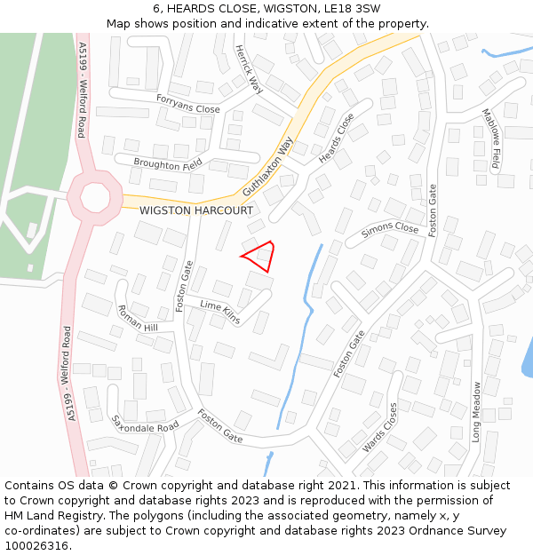 6, HEARDS CLOSE, WIGSTON, LE18 3SW: Location map and indicative extent of plot