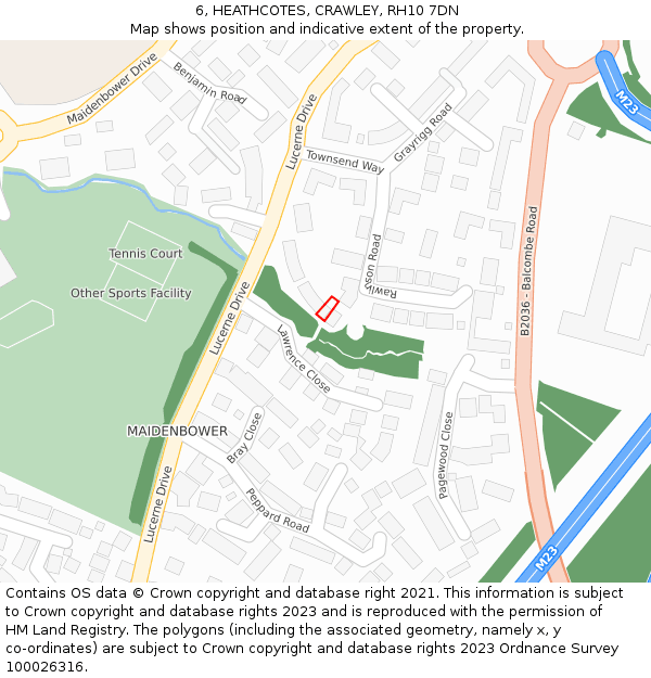 6, HEATHCOTES, CRAWLEY, RH10 7DN: Location map and indicative extent of plot