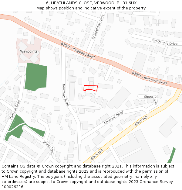 6, HEATHLANDS CLOSE, VERWOOD, BH31 6UX: Location map and indicative extent of plot